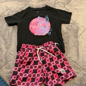 Psycho Bunny Black Tee with Pink Bunny Graphic & Pink Patterned Shorts